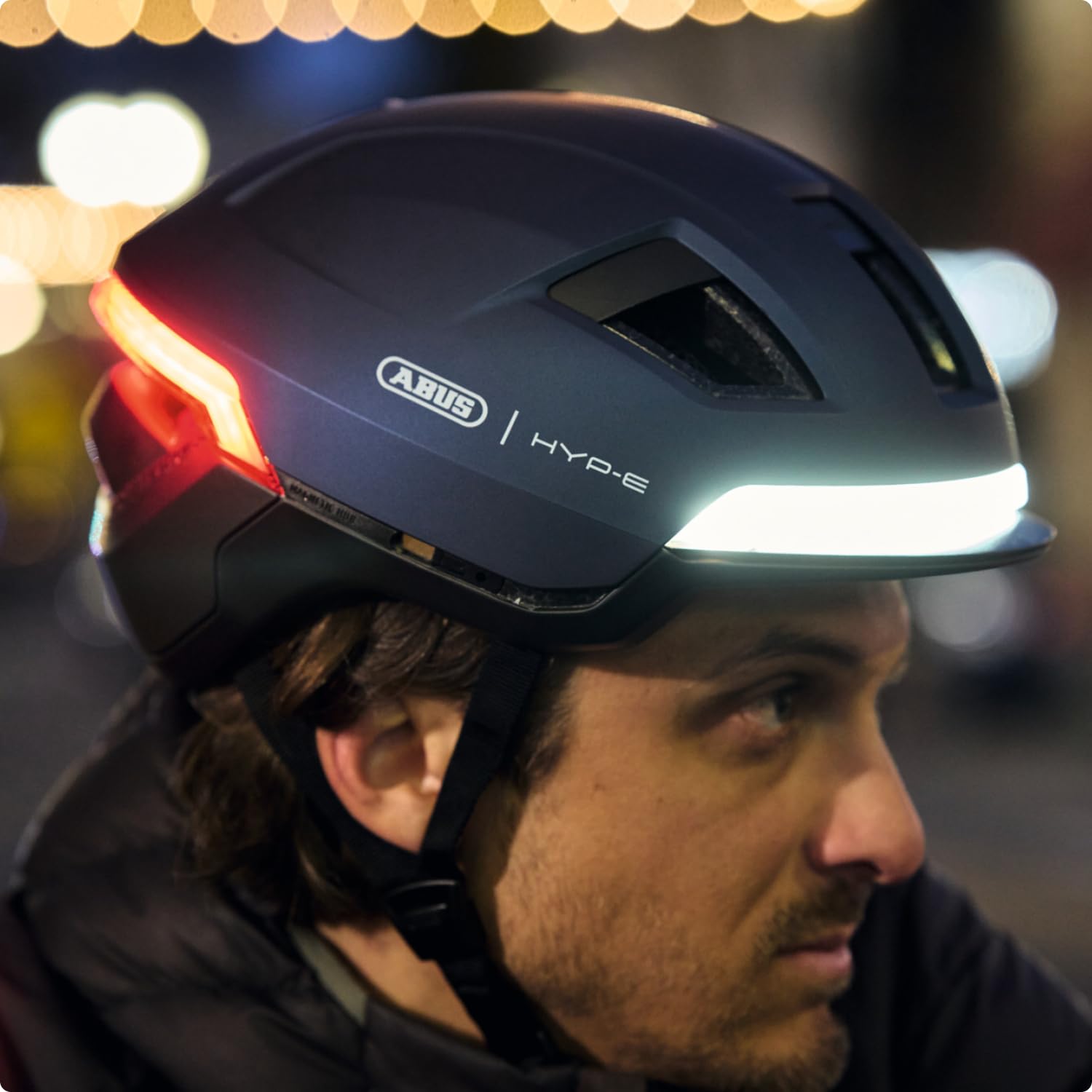 ABUS HYP-E Bicycle Helmet, Front/Rear/Turn Lights, E-Bike Compatible, Size M, Blue