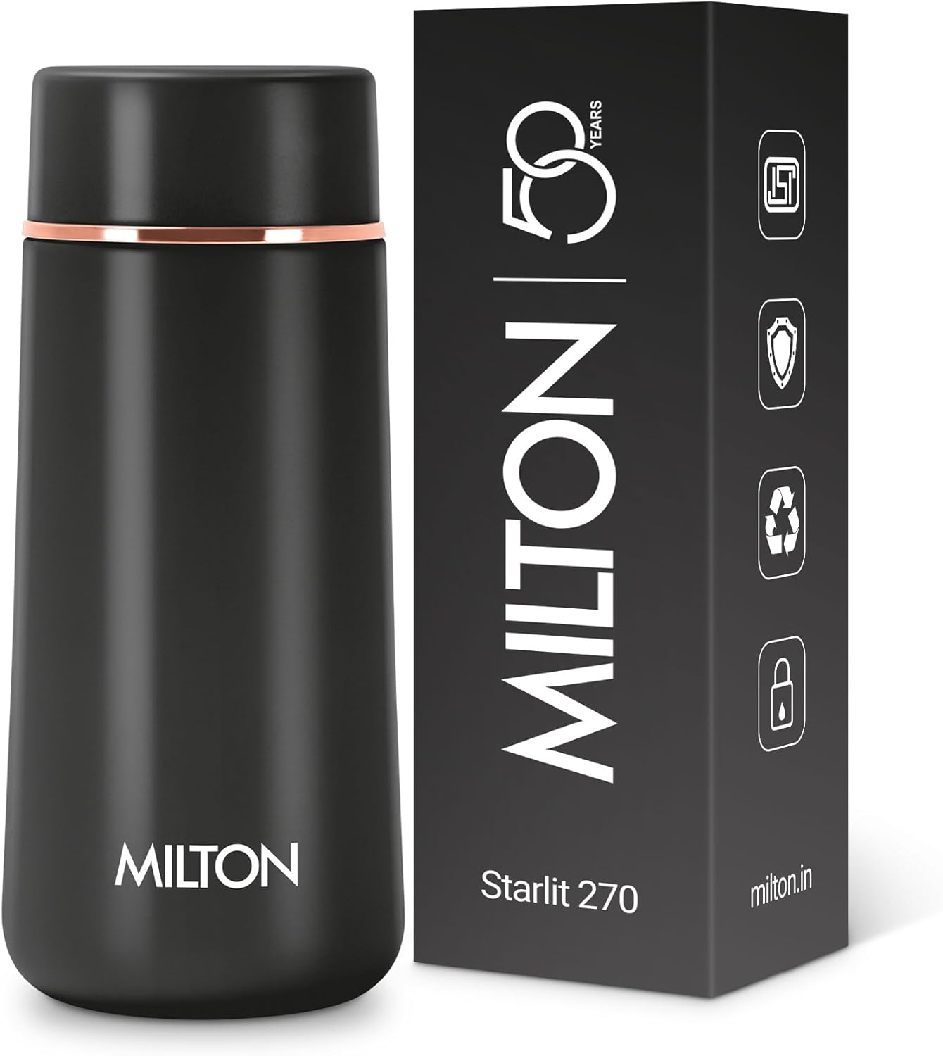 Milton Starlit 270 Thermosteel Compact ISI Certified Water Bottle, Vacuum Insulated Hot and Cold I SS304 Stainless Steel, Leak Proof I 270 ml, Black