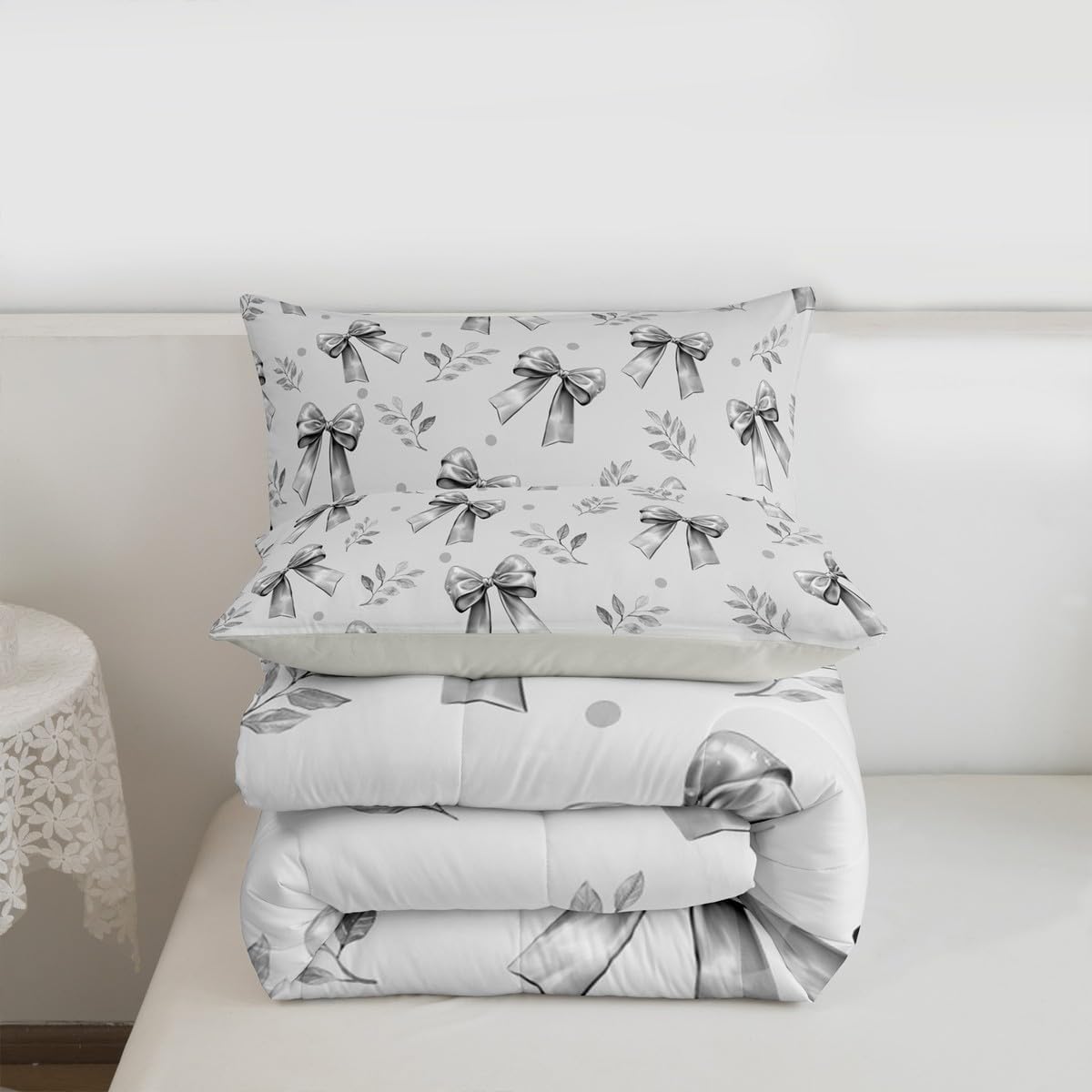 Feelyou Cute Bowknot Comforter Set All Season Dreamy Princess Style Bedding Set with 1 Pillow Cases Watercolor Bow Microfiber Toddler Bedclothes Bedroom Decor Duvet Quilt Breathable Soft Lightweight