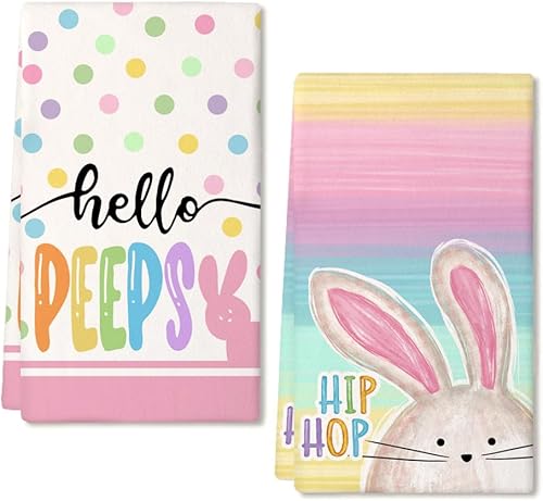 ARKENY Juego de 2 paños de cocina de Pascua, coloridos paños de cocina de 18 x 26 pulgadas, diseño de conejito de lunares, decoración de primavera