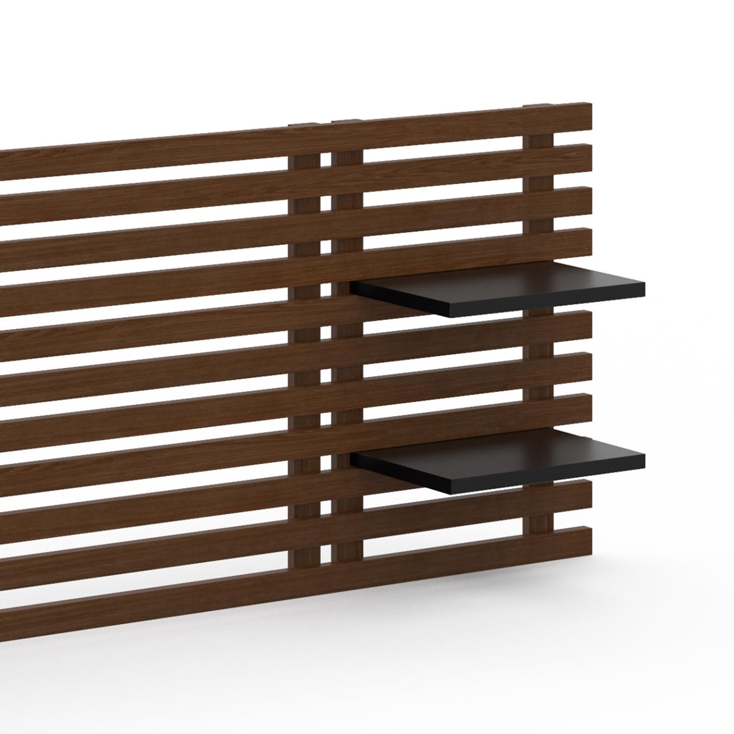 IDMarket - Tête de lit Suspendue en Lattes AVA 240 cm Bois Vieilli et étagères Noires