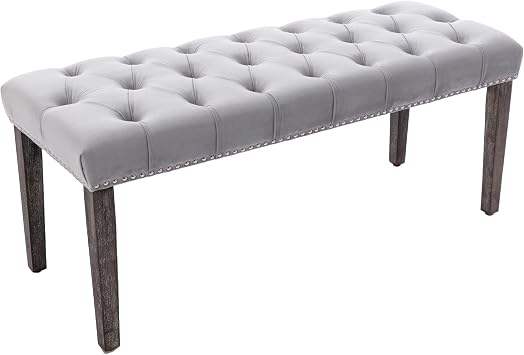 KCC Button-Tufted Ottoman Bench, Upholstered Bedroom Benches Velvet Footrest Stool Accent Bench for Entryway Dining Room Living Room Bedroom End of Bed, Gray