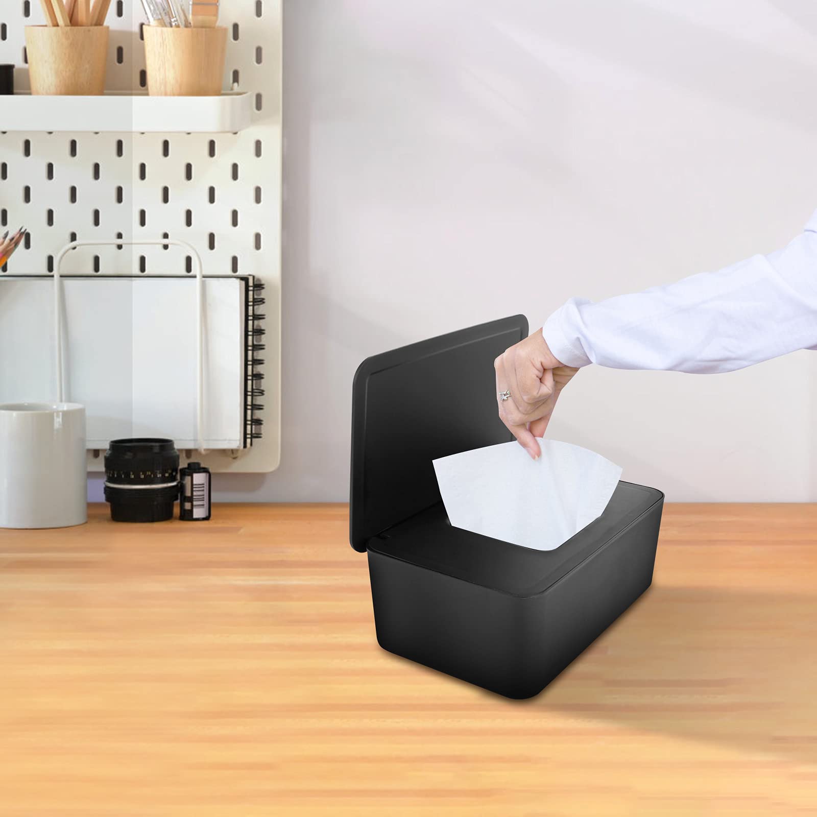 2Pcs Caja Toallitas Húmedas con Tapa Dispensador de Toallitas Húmedas a Prueba de Polvo para Oficina Hogar Coche Caja de Toallitas para Bebés(18,6 x12,2 x7 cm,Negro)