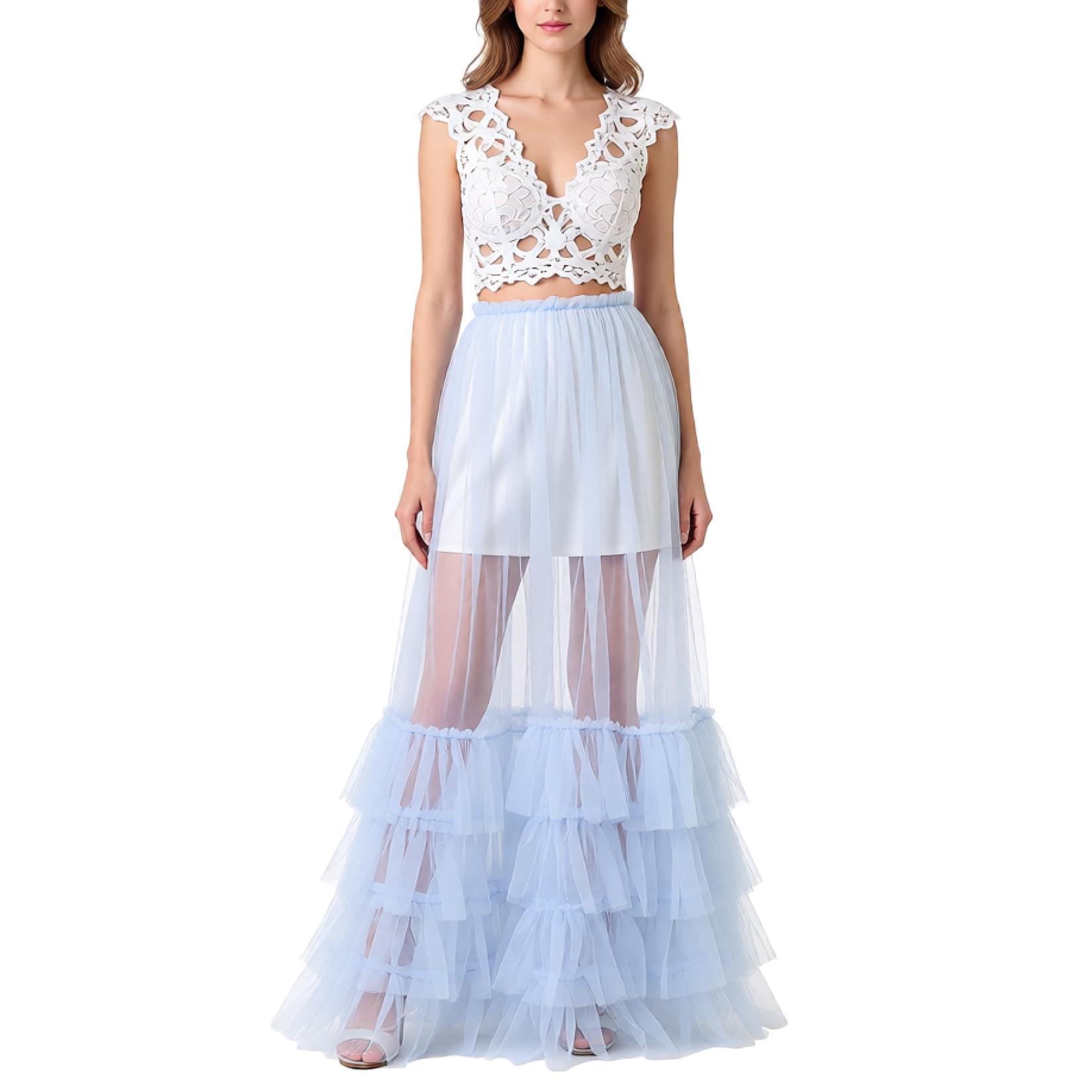 BPURB Women High Waist Sheer Mesh Ruffle Tiered Maxi Skirt See-Through Wedding Party Prom Beach Tulle Tutu Long Skirt Cover-Up Sky Blue