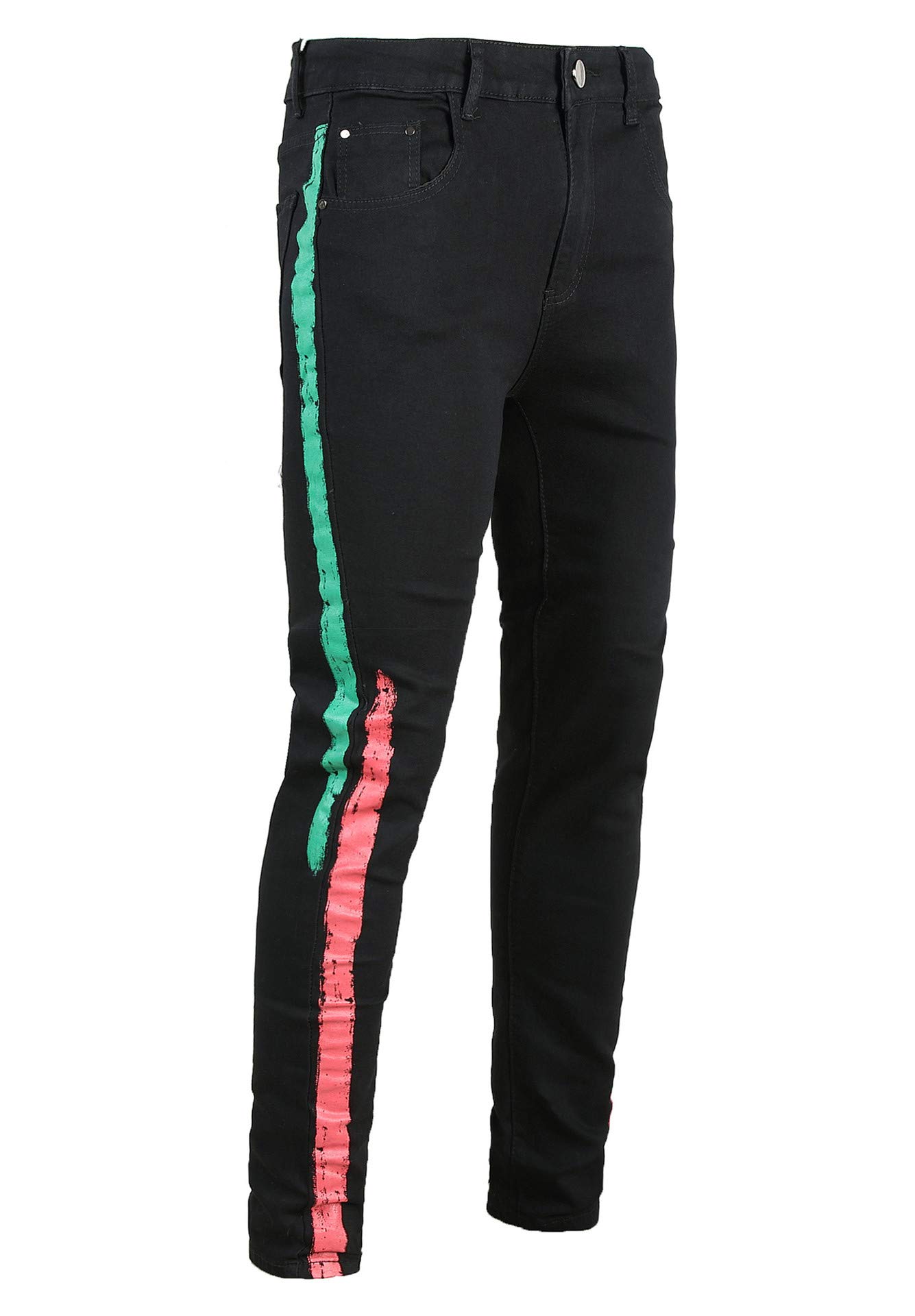 OKilr Pjik Men's Skinny Color Printed Elastic Slim Fit Casual Side Ribbon Jeans Pants Black Blue 36