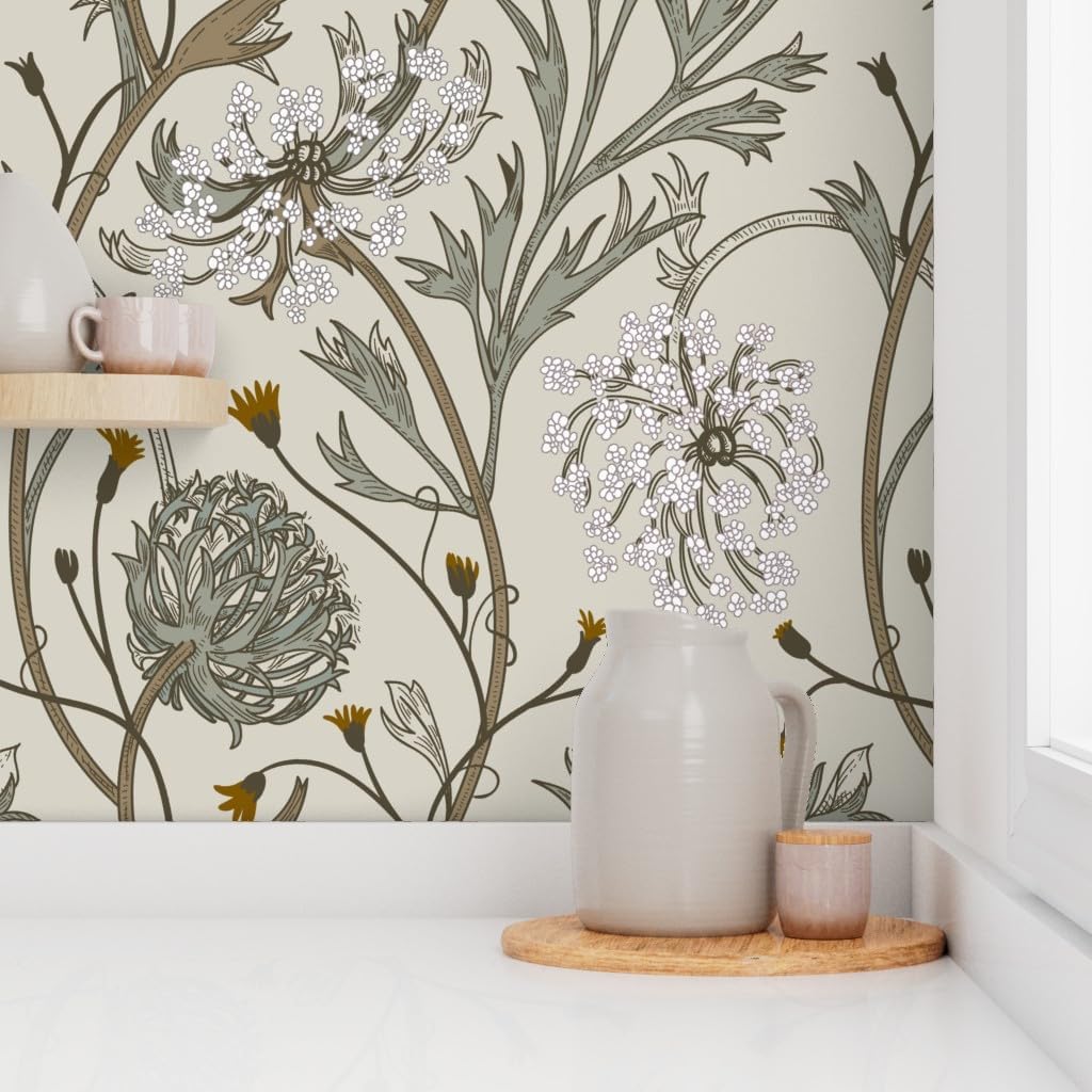 Spoonflower Peel & Stick Wallpaper Swatch - Flower Medieval Grass Romantic Dandelion Field Custom Removable Wallpaper