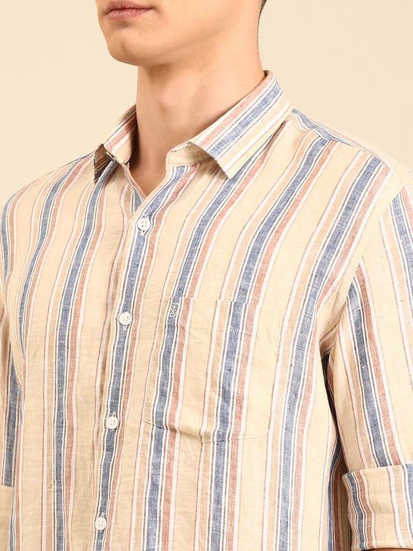 Image of Linen Club Men's Pure Linen Striped Contemporary Fit Full Sleeve Casual Shirt