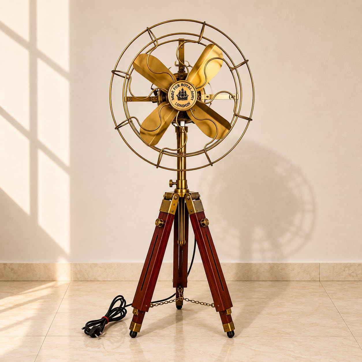 Vintage Brass Table Fan with Adjustable Wooden Tripod Stand, Nautical Antique Desk Fan, Adjustable Height 14 to 28 Inches, Retro Maritime Decorative Fan for Home & Office-image-27