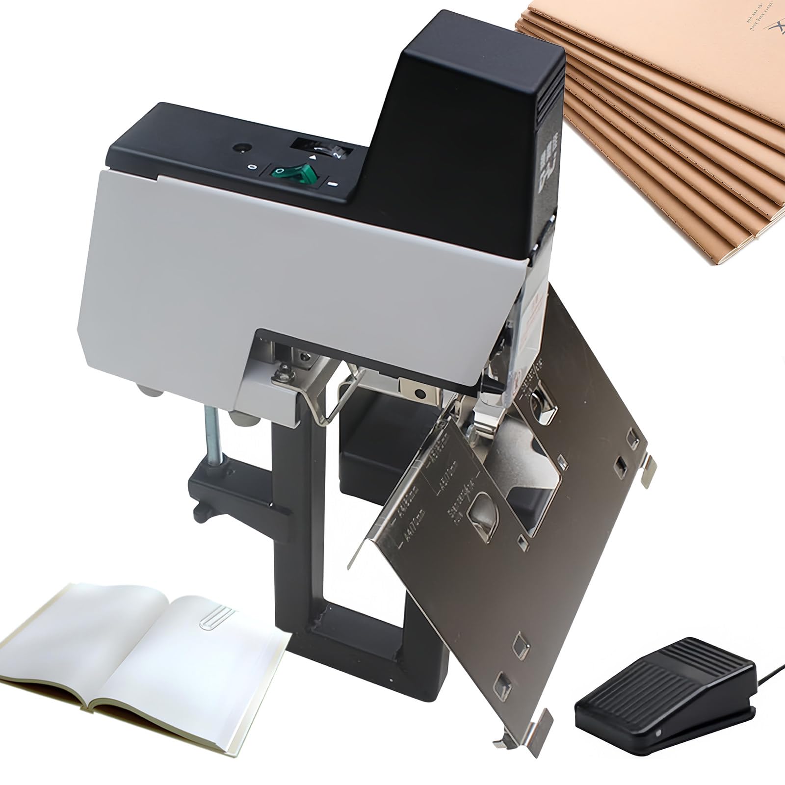 Cucitrice Elettrica a Sella - 40 Fg - Rilegatrice per Impieghi Gravosi A3/A4 con Pedale, Pinzatrice Piatta/A Sella, Piastra Resistente e Rilegatrice di Libri per Ufficio e Casa, Bianco/Nero,220V