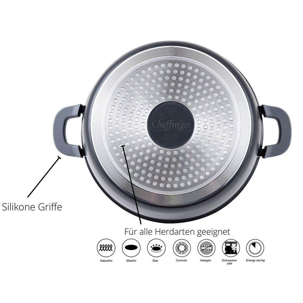 Cheffinger Kochtopf Aluguss Induktion Ø32cm Suppentopf Pfanne Topf Deckel Brattopf Schwarz, CF-DC32 BLK