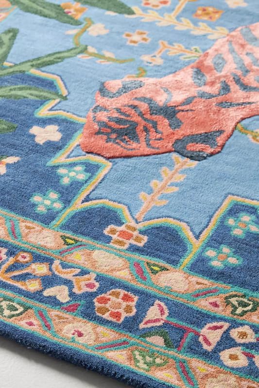 Handmade Wool Silk Tiger Motif Rug 6x6 Ft Blue