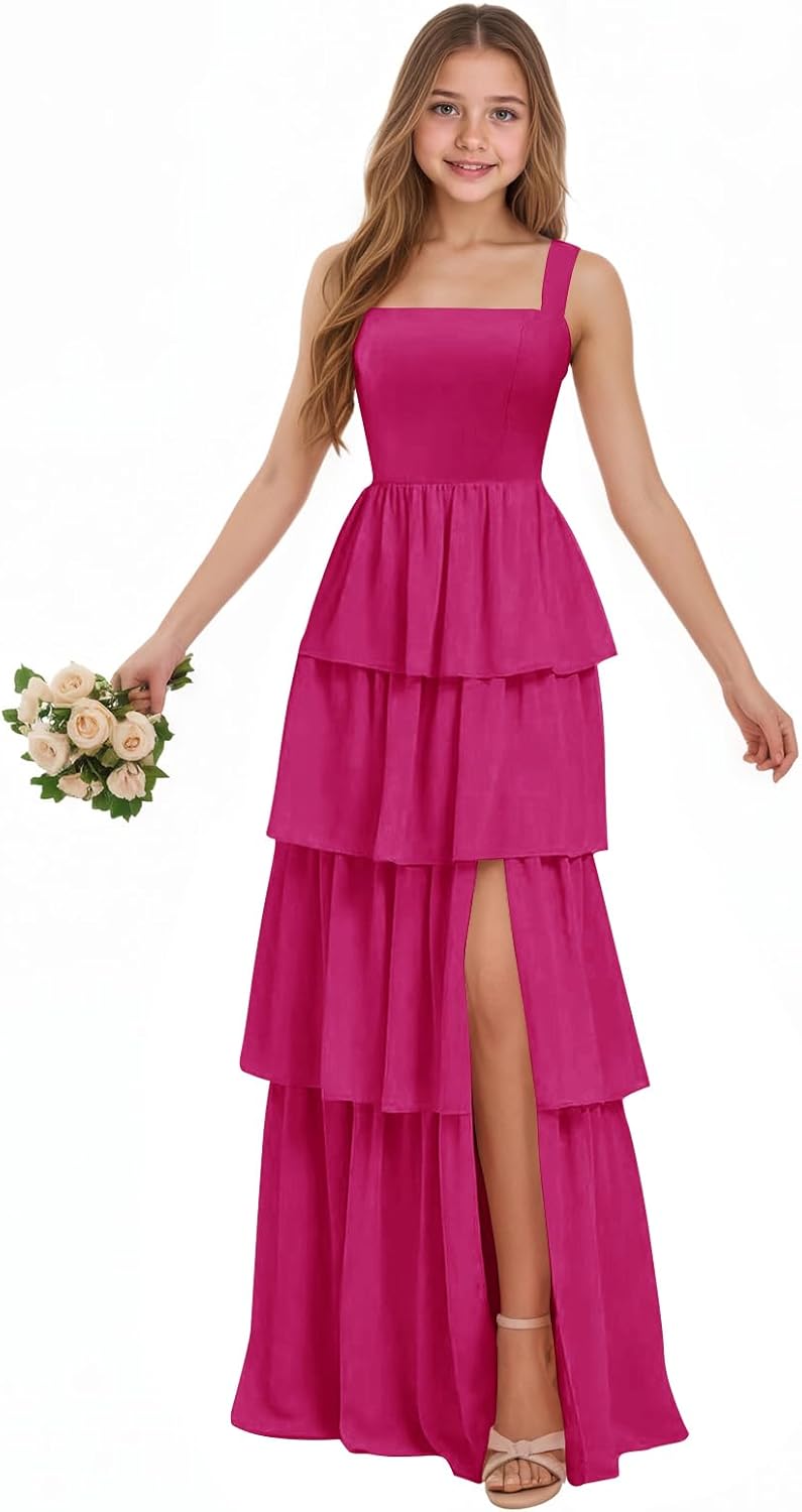 Chiffon Junior Bridesmaid Dresses for Teen Girls Tiered Pleated Flower Girl Dress with Slit Wedding Guest Gowns