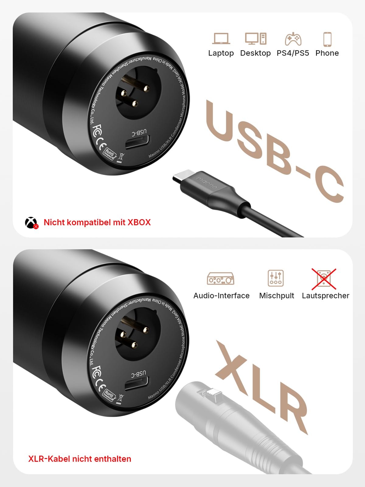MAONO XLR/USB PC Mikrofon Set: 192kHz/24bit Studioqualität, Plug & Play, 3-stufige Rauschunterdrückung, 4 Presets. Metallmikrofon-Kit mit Software für Podcast, Streaming, Aufnahmen, Gesang, A04 Gen2