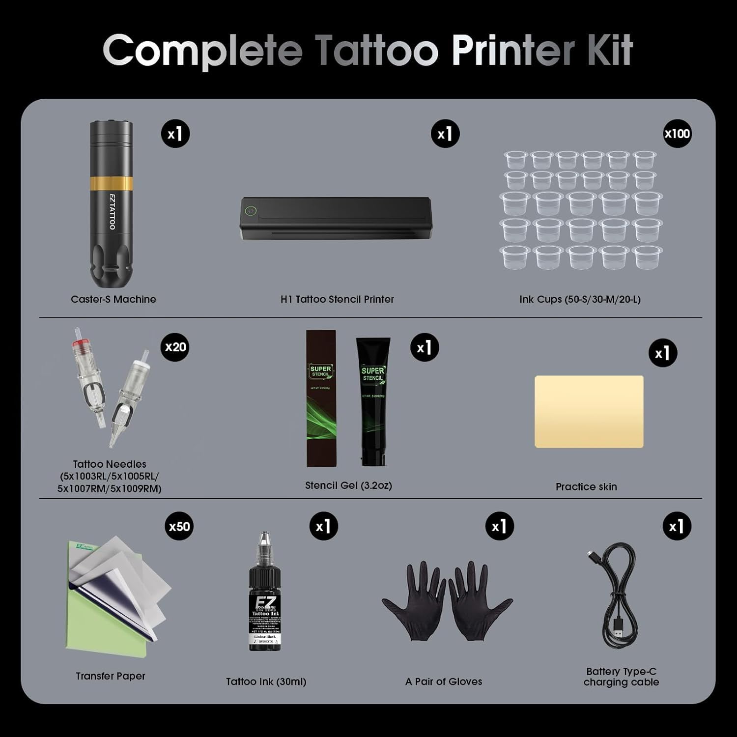 Termocopiadora Tattoo Kit - Maquina de Tatuar Kit Completo con Impresora Tattoo, Maquina Tatuar Inalambrica, Batería de Alimentación de 1500mAh, 20Pzs Agujas Tatuaje para Tatuadores