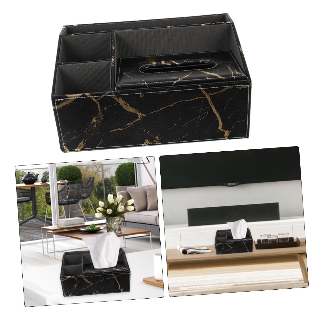 PRETYZOOM Caja Organizadora Multifuncional de Cuero Negro Diseño Mármol para Pañuelos y Control Remoto, Tamaño Mediano, para Escritorio y Hogar, Contenedor Decorativo Elegante