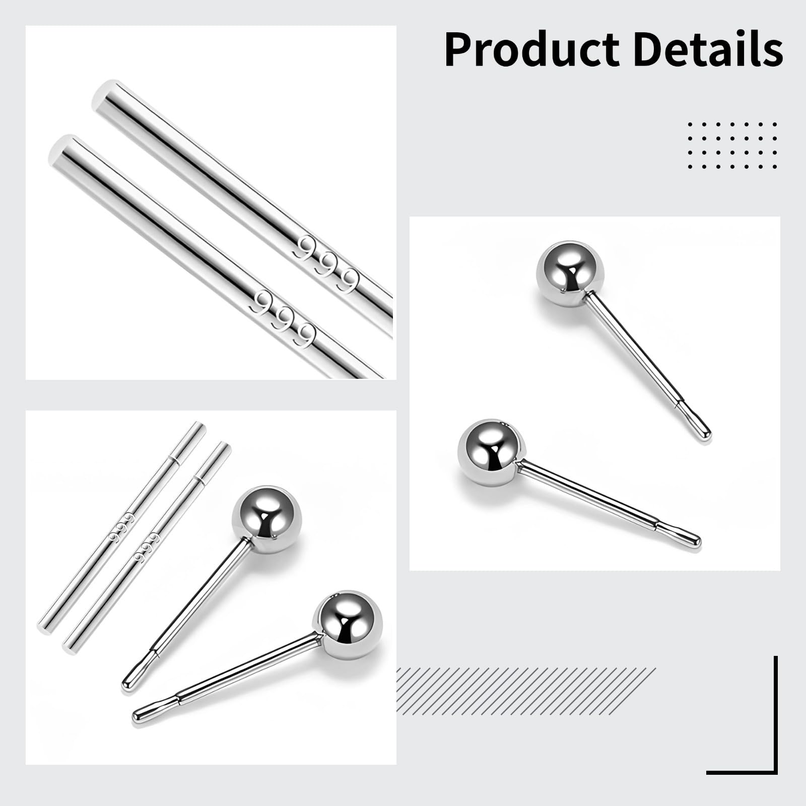 Pendientes de plata de ley S999 con tachuelas de bola, hipoalergénicos para orejas sensibles, aretes de plata pura 99.9% para dormir, ducharse y uso diario