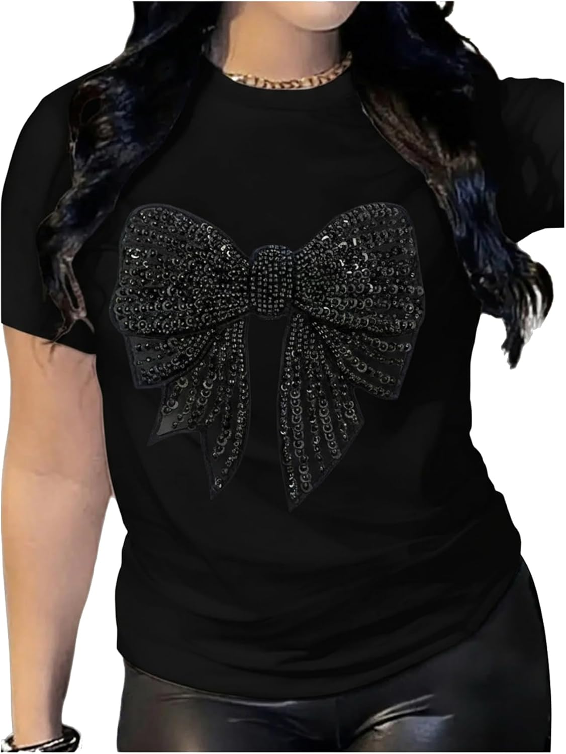 Women's Rhinestone Sequin Bowknot Graphic Tees Short Sleeve Crewneck Summer Tops Going Out T Shirt