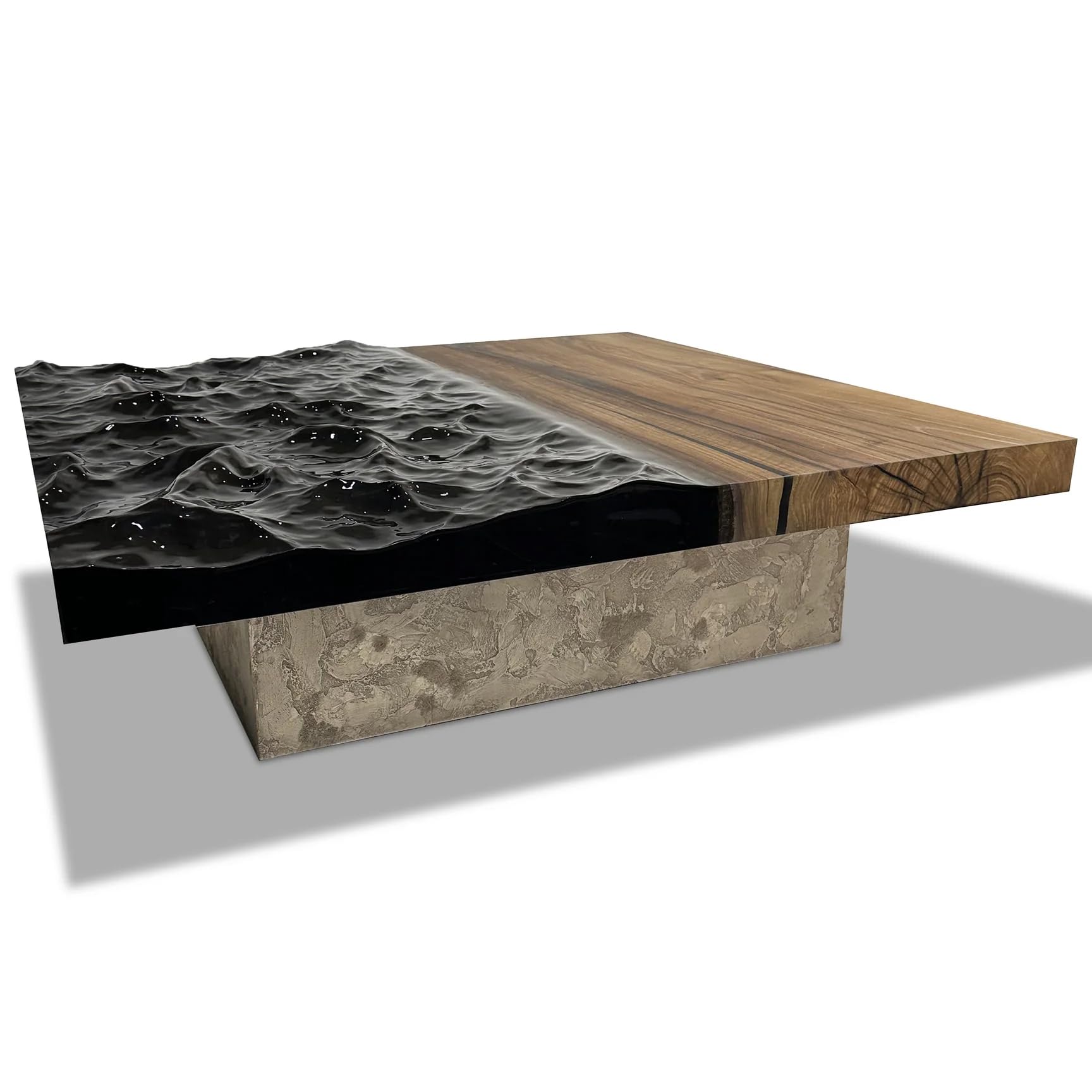 Modern Ocean Wave Coffee Table with Walnut Wood and Resin Design Textured Metal Resin Base