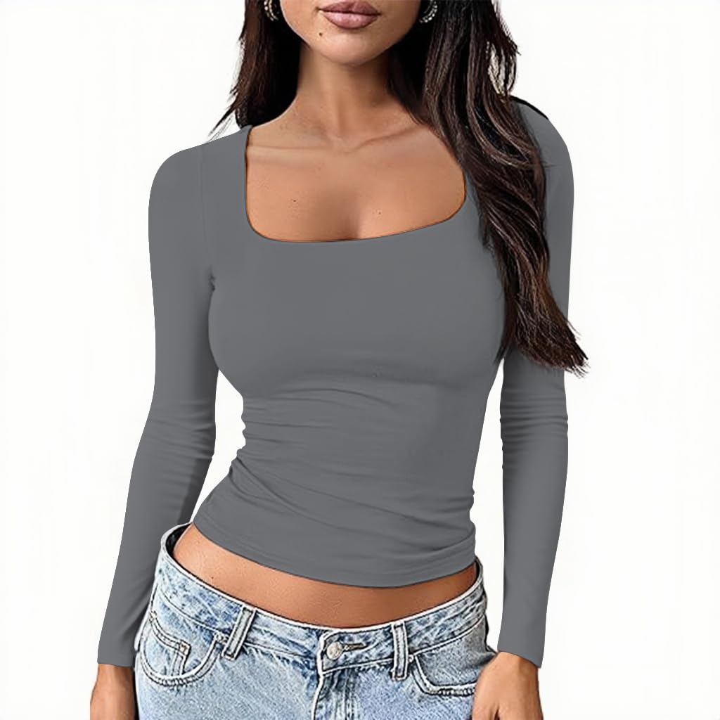 OOHOKAY Langarmshirt Damen U-Ausschnitt Basic Oberteile Y2K Slim Fit Tshirt Crop Tops Lässige Streetwear