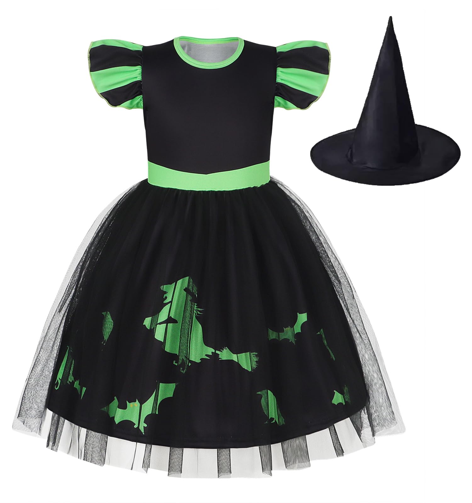 Marendyee Kids Party Dress Black Witch Costume Christmas Dresses World Book Day Costumes for Girls Princess Cosplay Dress Up with Witches Hat Children's School Stage Role Play Outfit 7-8 Years