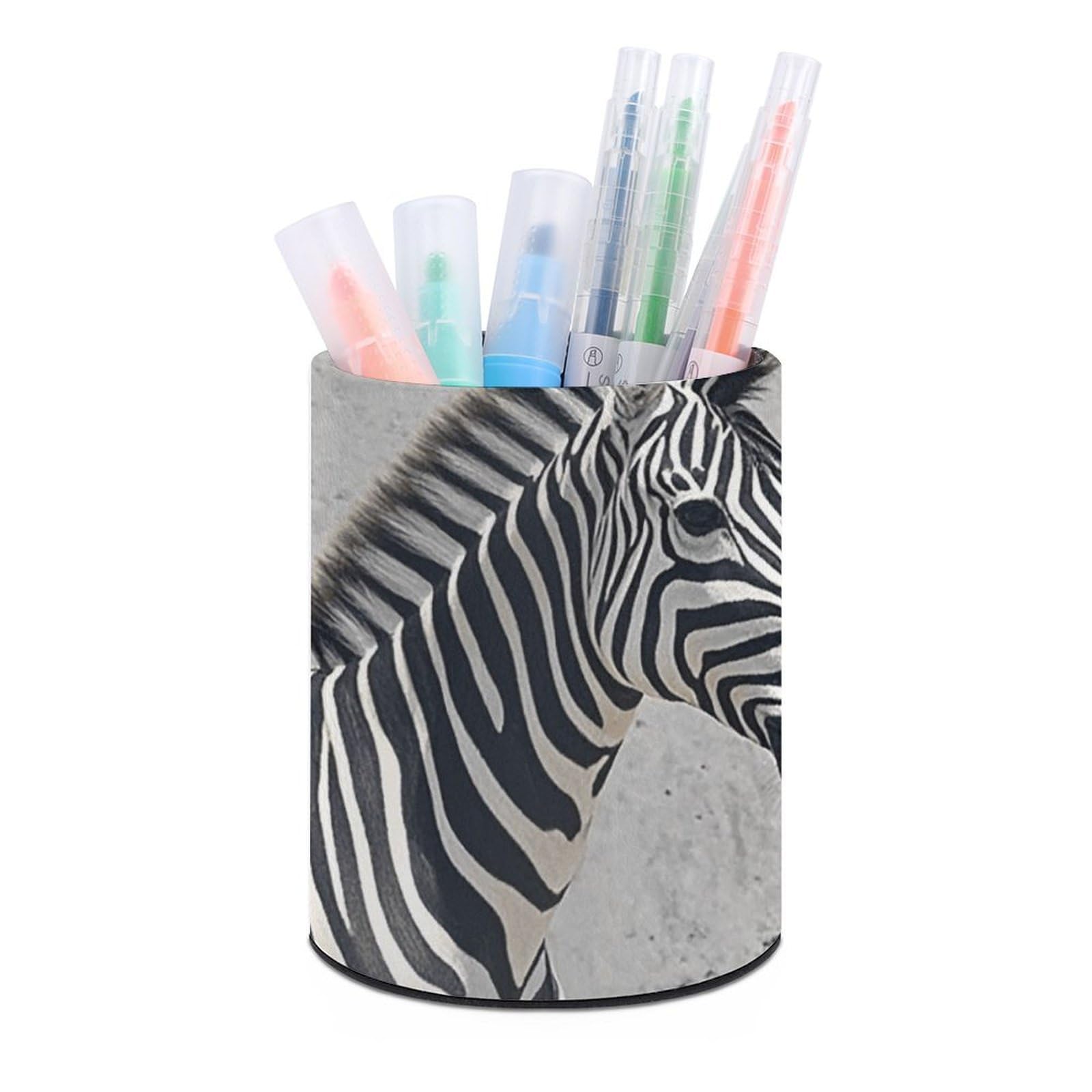 FekiLoot PU Leather Round Pen Holder Zebra on The Wall Pencil Holder Desk Organizer Pen Organizer Pen Cup Pencil Cup Caddy Desktop Stationery Organizers for Office Home Supplies