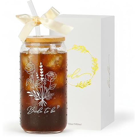 Bride To Be Glass Cup with Lid & Straw-Cute Aesthetic 16oz Iced Coffee Cup Smoothie...