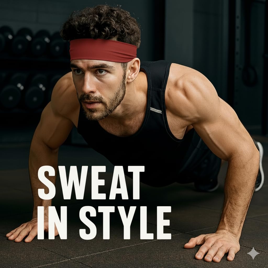 SKULLFIT Men's Chinlon and Spandex Lightweight Moisture Wicking Workout and Sports Sweatbands Headbands - (Pack of 2) (Black, Red) 4