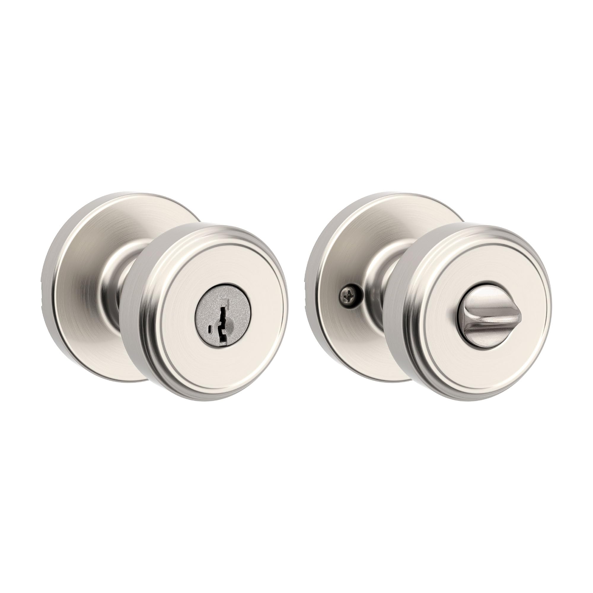 Kwikset Maven Front Door Knob with Lock and Key, SmartKey, Satin Nickel