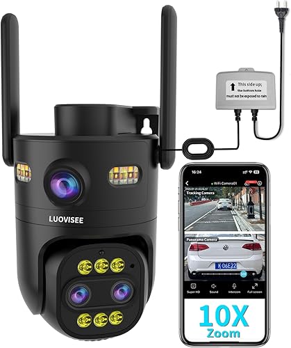 Cámara de seguridad para exteriores de triple lente con zoom híbrido de 10X, cámara WiFi 2.4G5G con cable para seguridad del hogar, grabación