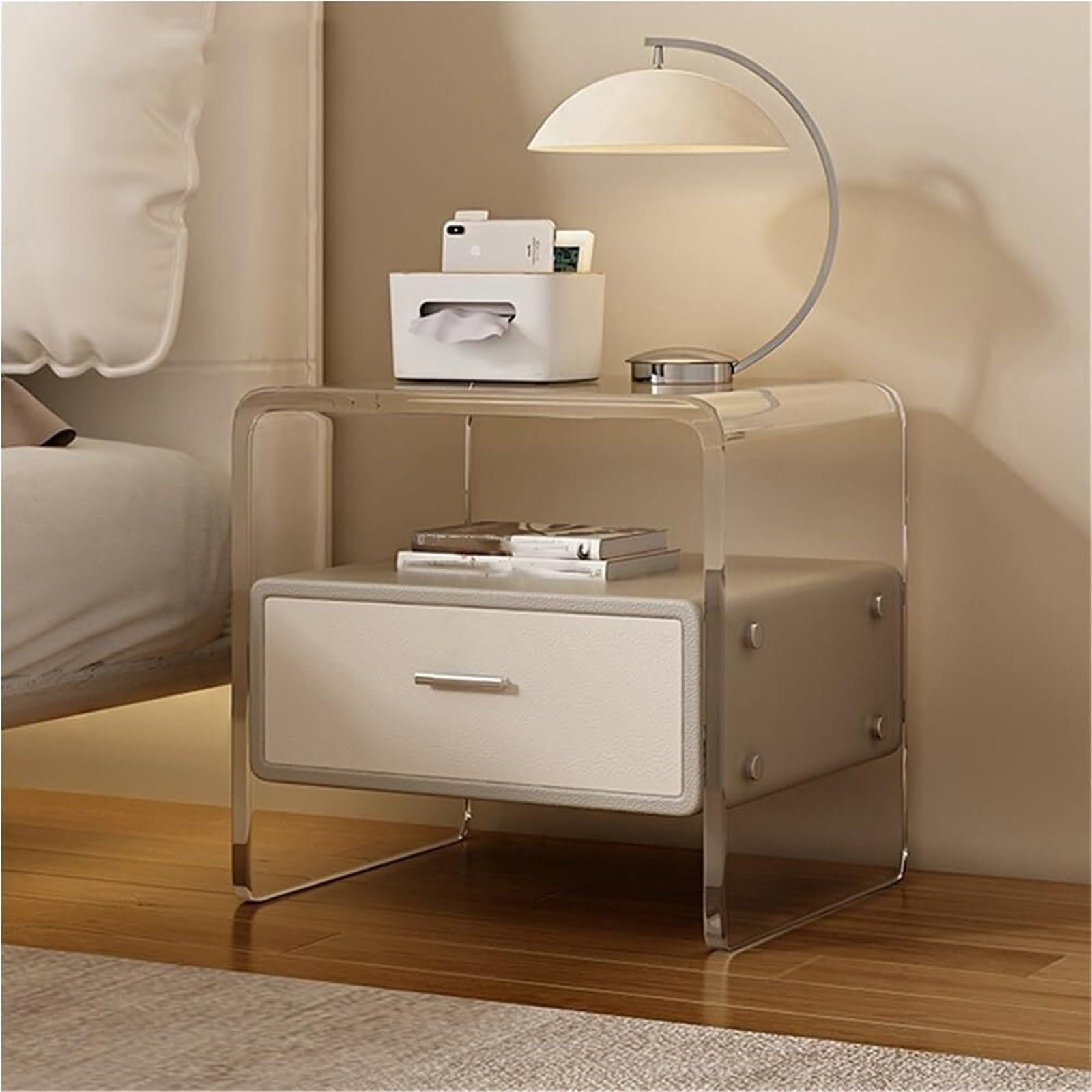 SXZenSpace Minimalist Acrylic Nightstand with Leather Drawer Multifunctional End Table Storage Side for Living Room Solid Construction(Gray)
