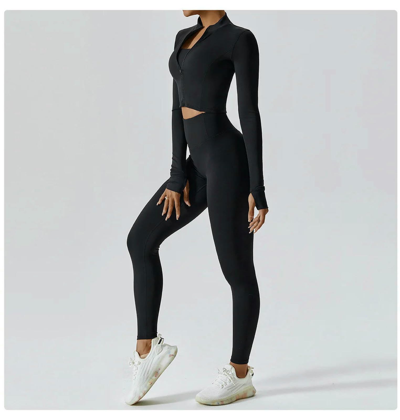 Shapewear 3pcs Yoga Set Women Workout Sets Sportswear Fitness Zipper Long Sleeve Leggings High Waist Sports Suits-jiaocha Coffee_a-m