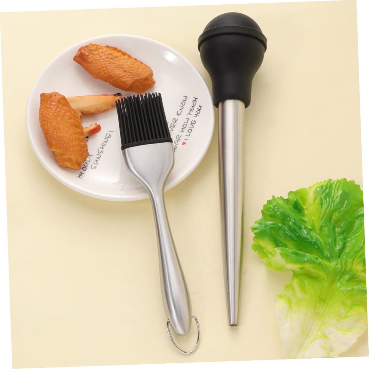 GRIRIW Stainless Steel Turkey Baster Set 4pcs Oil Brush Drip Oil Seasoning Tube Silicone Pump for Cooking Barbecue