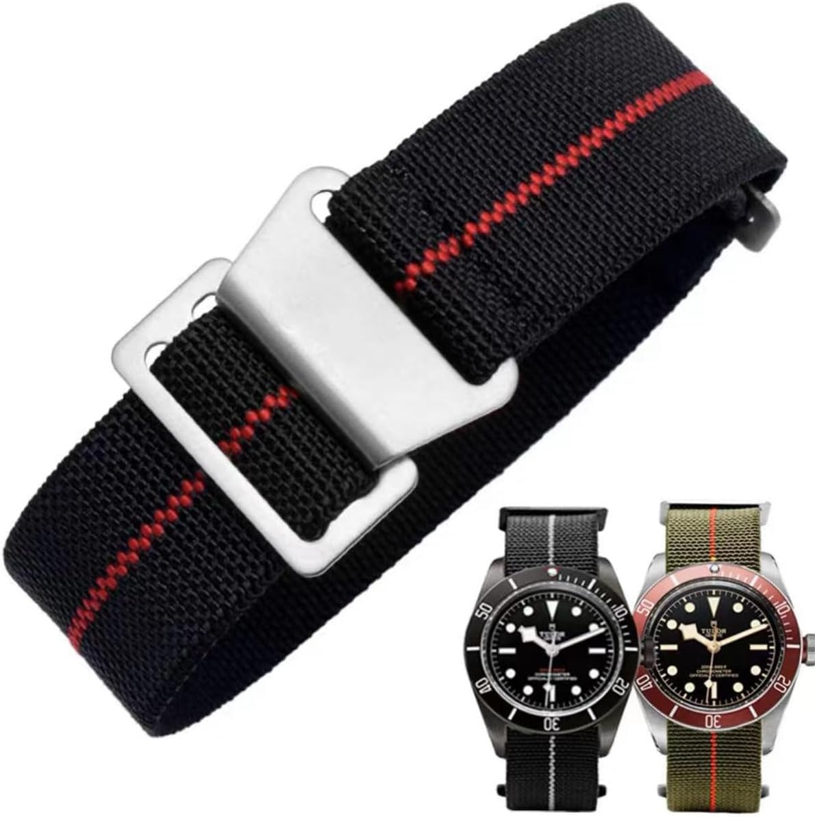 Elastic Watch Straps, Nylon, Military, Parachute, Replacement Wristband Made of Fabric, with Hook, Buckle, Black/Silver, for Men and Women, 10 Colors, 3 Sizes: 18/20/22mm