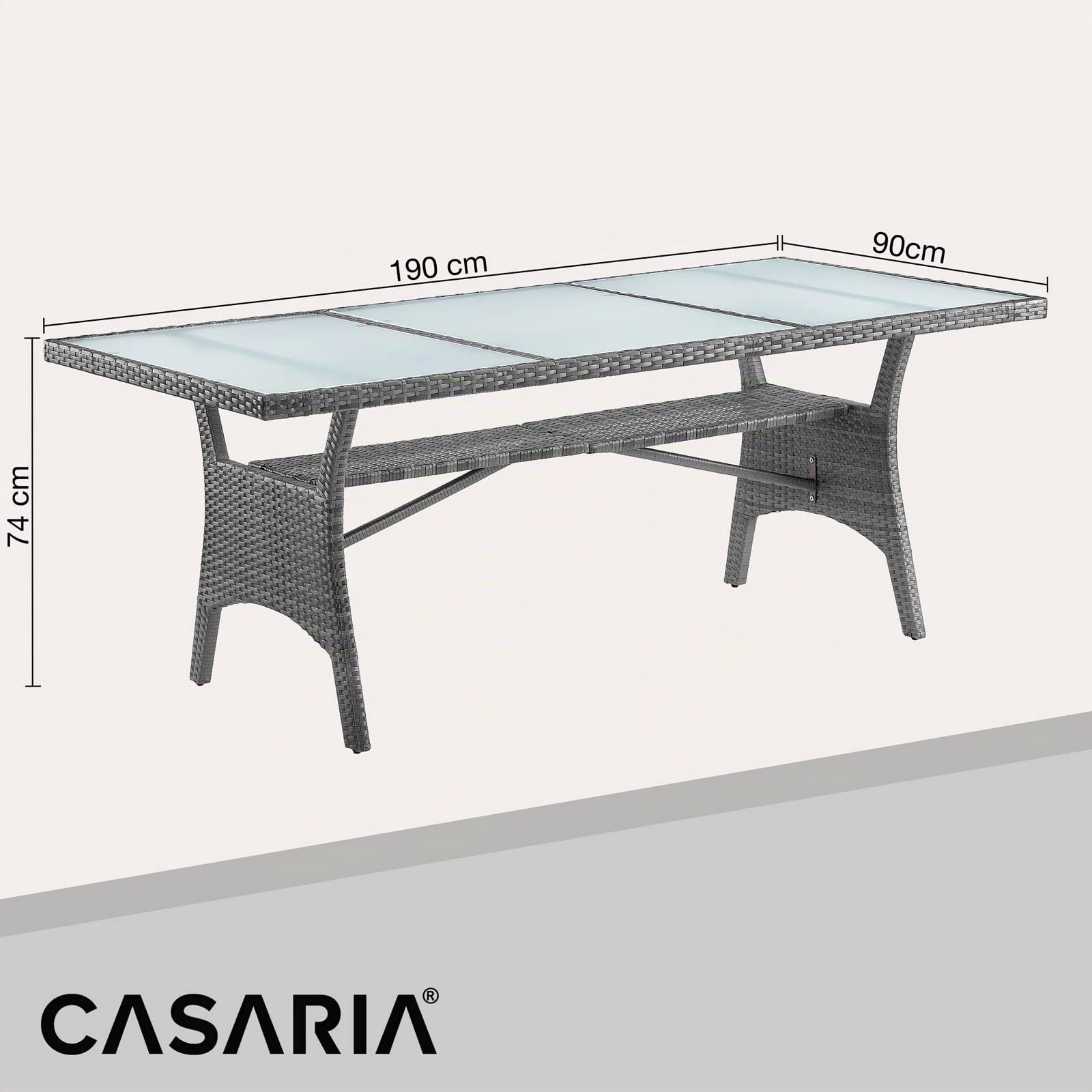 Casaria Tavolo da Giardino in Polyrattan 190x90x74cm con Ripiano in Vetro Altezza Regolabile da Pranzo per Terrazza Esterno