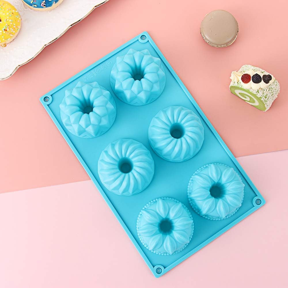 BAKEFY-Mini Bundt Cake Pan,6-Cavity Silicone Fluted Tube Cake Mold, Non Stick Silicone Baking Molds for Cupcake, Donuts,Muffin, Cornbread, Brownie, Jellies
