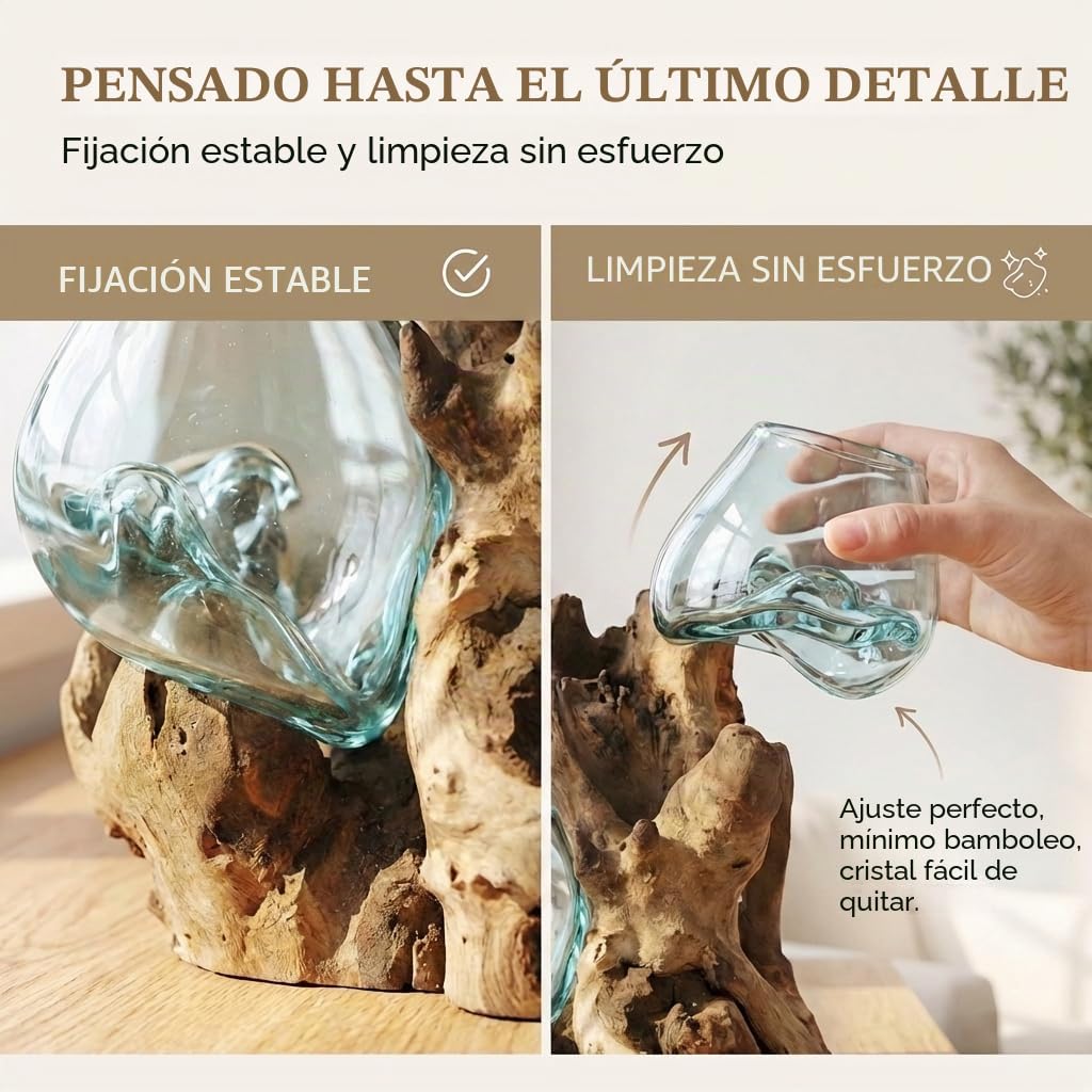 Jarrón doble de cristal sobre raíz de madera Gamal - Diámetro de cristal 9-10 cm hecho a mano, pieza única de madera como idea de regalo para decoración Do10L