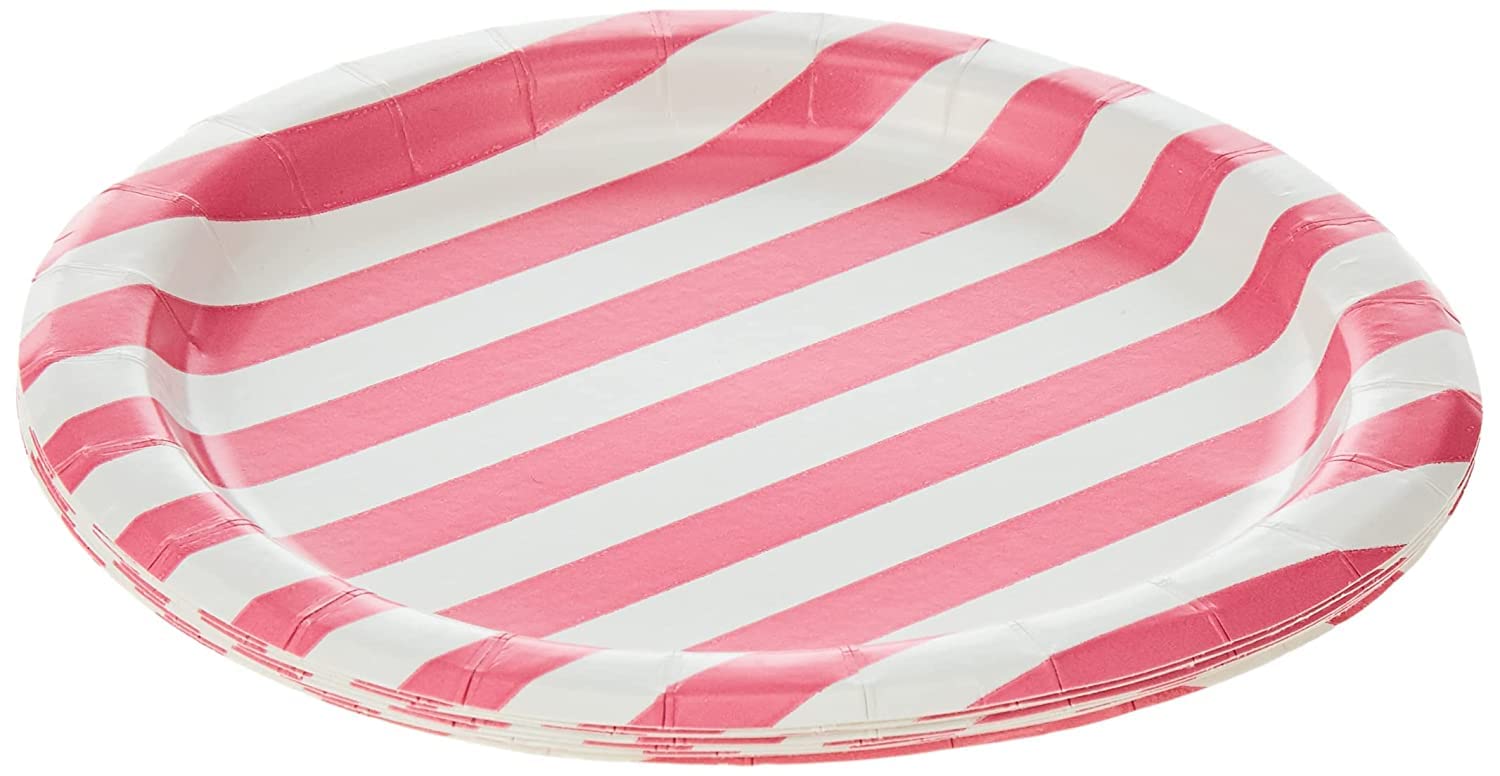 unique party Decor Stripes Paper Plates 8 Pieces Set, 7 Inch Size, Hot Pink, 38024