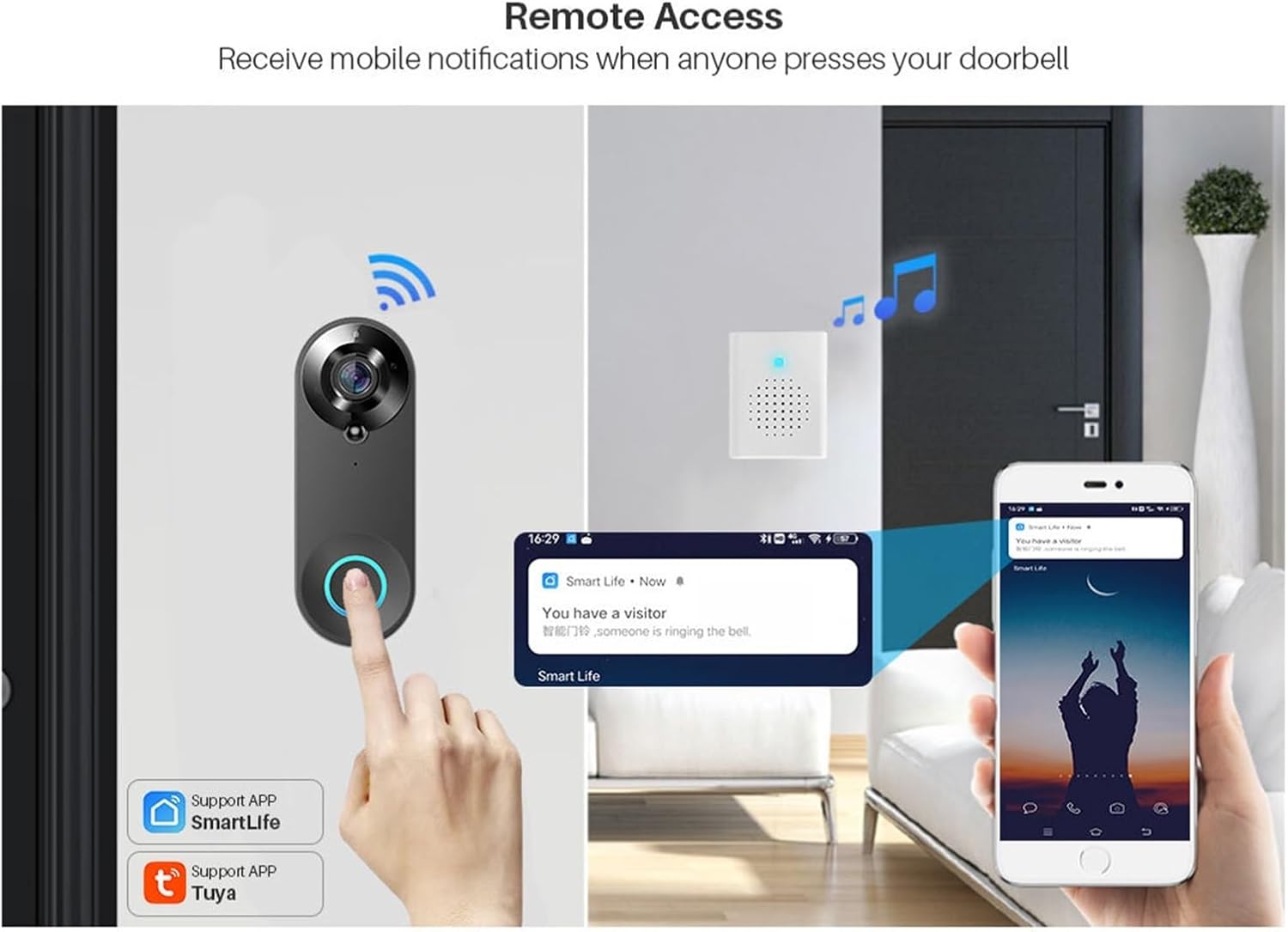 A smartphone displaying a notification from the SmartLife app, 'You have a visitor', next to a doorbell and a chime, illustrating remote access.