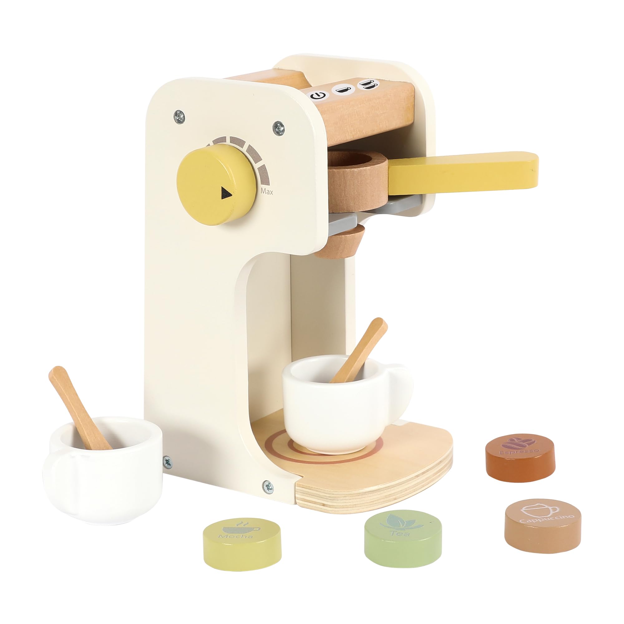 WoddyGo Wooden Barista Coffee Set | Pretend Play Espresso Machine for Children | Montessori Kitchen Accessory with Toy Pods & Cups | Early Years Toy for Ages 3+