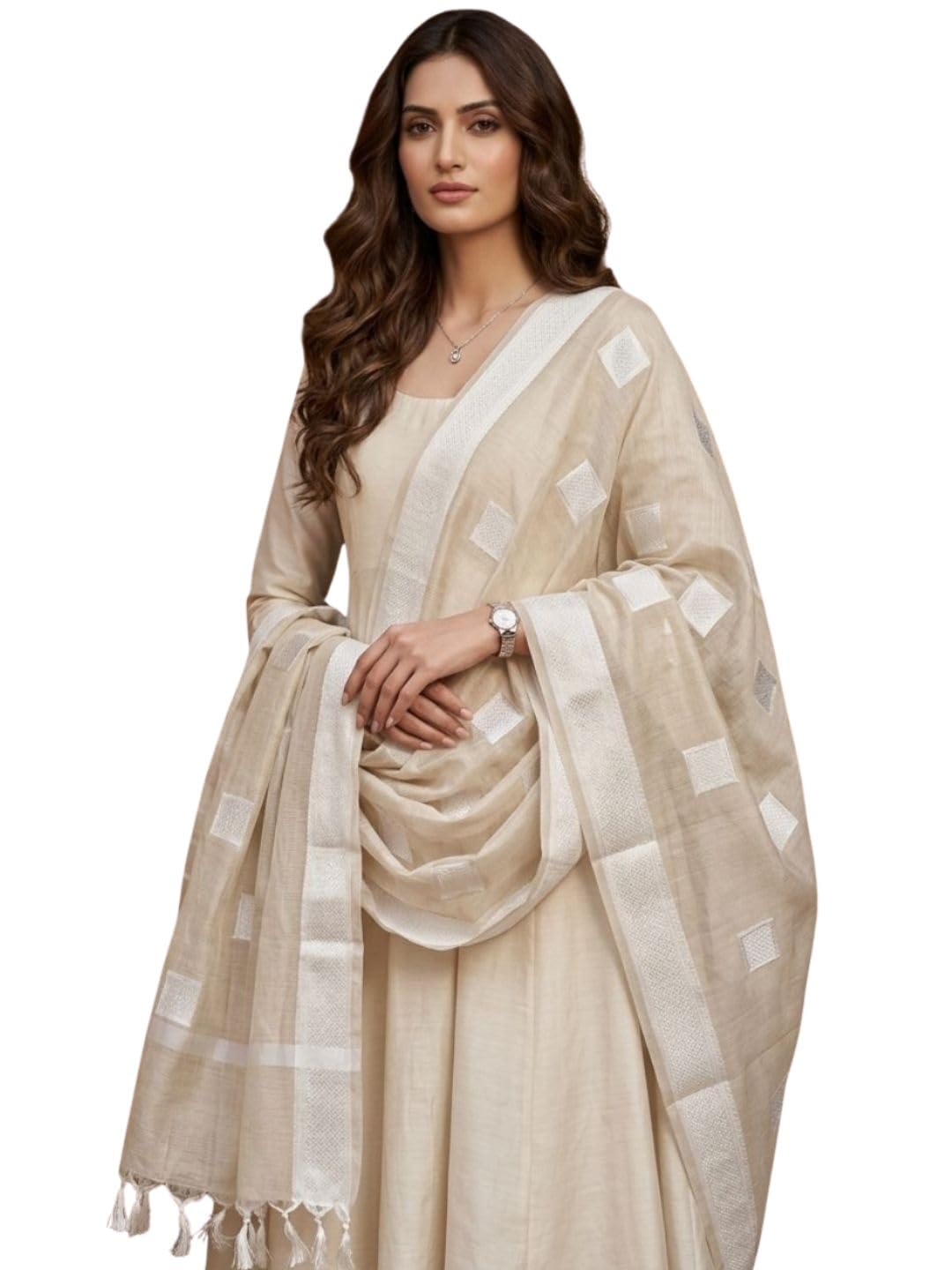 dupatta bazaar Women's Woven Motif Banarasi Cotton Blend Dupatta | Ethnic Motif Design Traditional Woven Pattern | Tasselled Border Ethnic Wear Dupatta for Festive Wedding (2.4 Meter, Cream)-picture-26