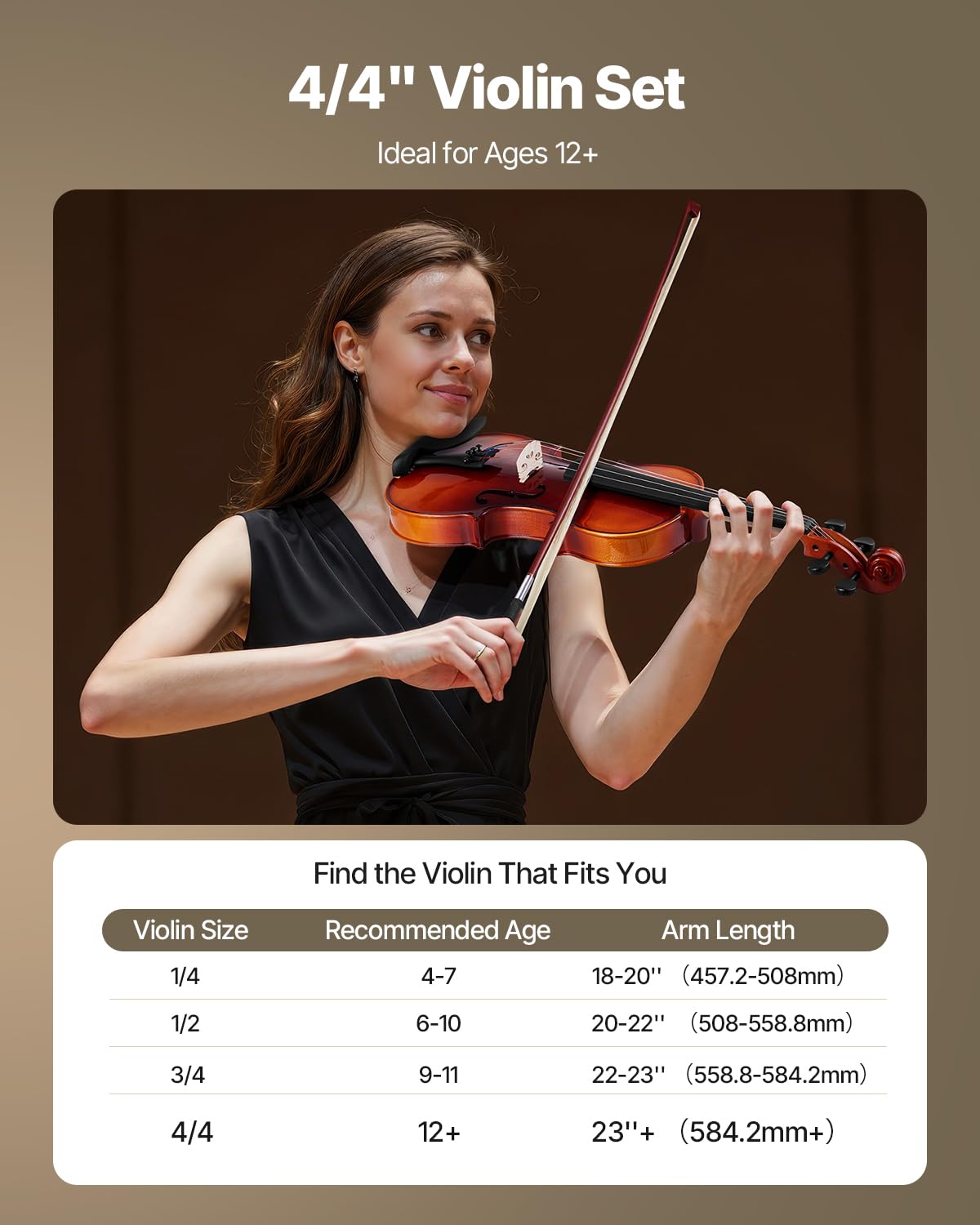 VEVOR Set di Violini da 355 mm Set Completo per Violino in Legno Massello, Misura Standard, con Custodia Rigida, Colofonia, Archetto, Spalliera, Ponticello, Corde Extra, Marrone Lucido