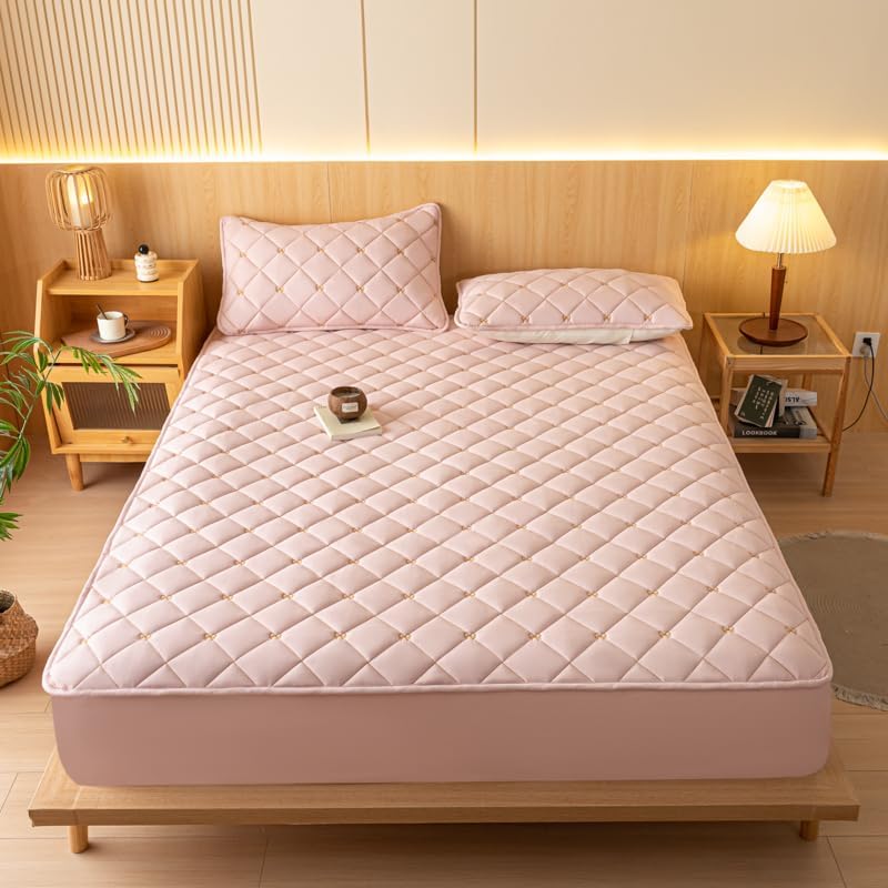 Mattress Pad Cotton Mattress Cover, Quilted Fitted Mattress Protector Non Slip Breathable Soft Mattress Topper Up to 11" Deep Pocket (Pink,Queen 60"x80")