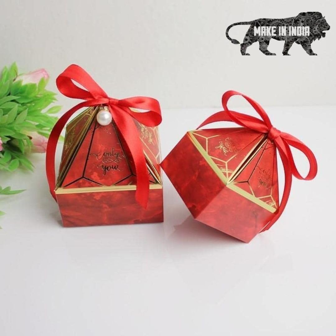 SATYAM KRAFT Pack of 40 Small Diamond Shape Folding Gift Boxes for Gifting | Empty Hamper Boxes for Wedding Return Gift, Party favours, Birthday | Chocolate & Dry Fruit Packaging (Red, With Ribbon) 2