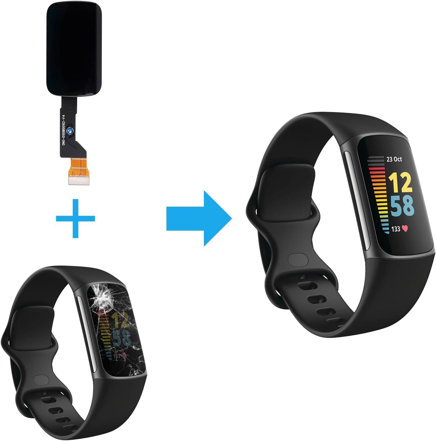 Duotipa New LCD Display Touch Screen Digitizer Assembly Replacement for Fitbit Charge 5 Watch with Technical Repair Tools Kit-Black