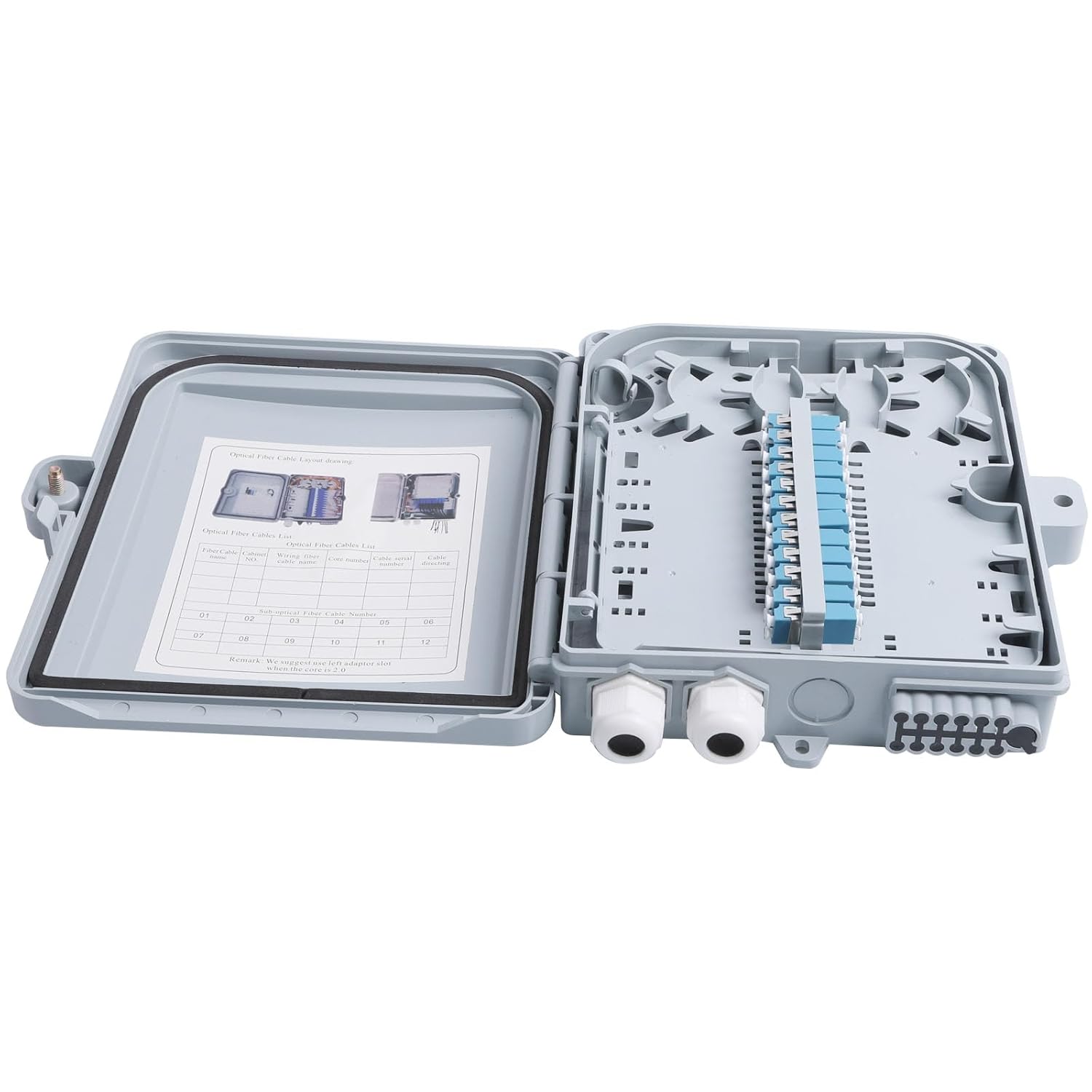 12 Core Fiber Distribution Box, ABS Plastic FTTH Fiber Distribution Box-12 Port Fiber Optic Terminal Junction Splitter Box for Ourdoor/Indoor with LC Fiber Optical Adapter 12 Core with LC Fiber Cable Coupler-02