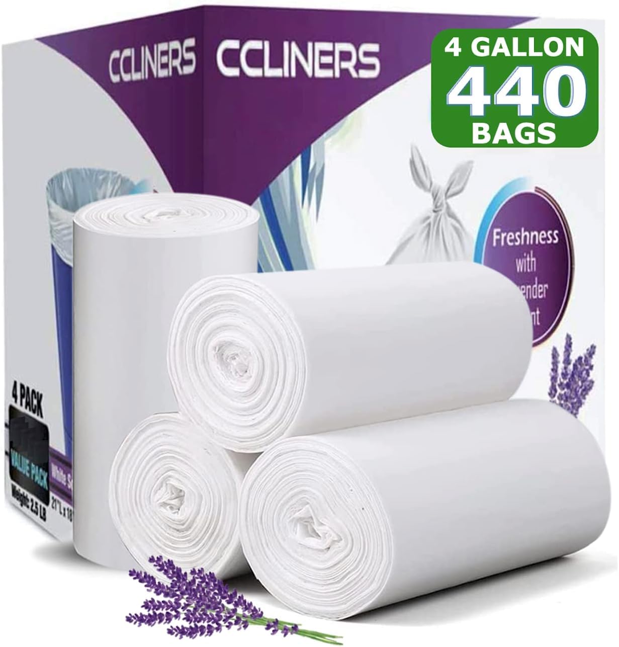 Bolsa de basura de 4 galones con aroma a lavanda (440 unidades) pequeñas bolsas de basura para baño, bolsas de basura blancas para el hogar, la cocina, la oficina (440 bolsas)