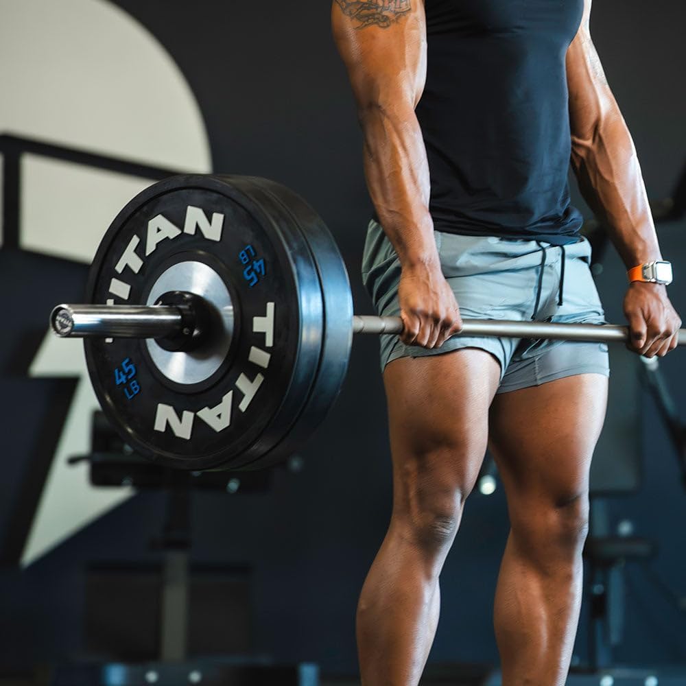 Titan Fitness Elite Competition Bumper Plate, Color-Coded Weight Indicators, Olympic Weight Plate, Low Bounce Rubber Exterior with Steel Core