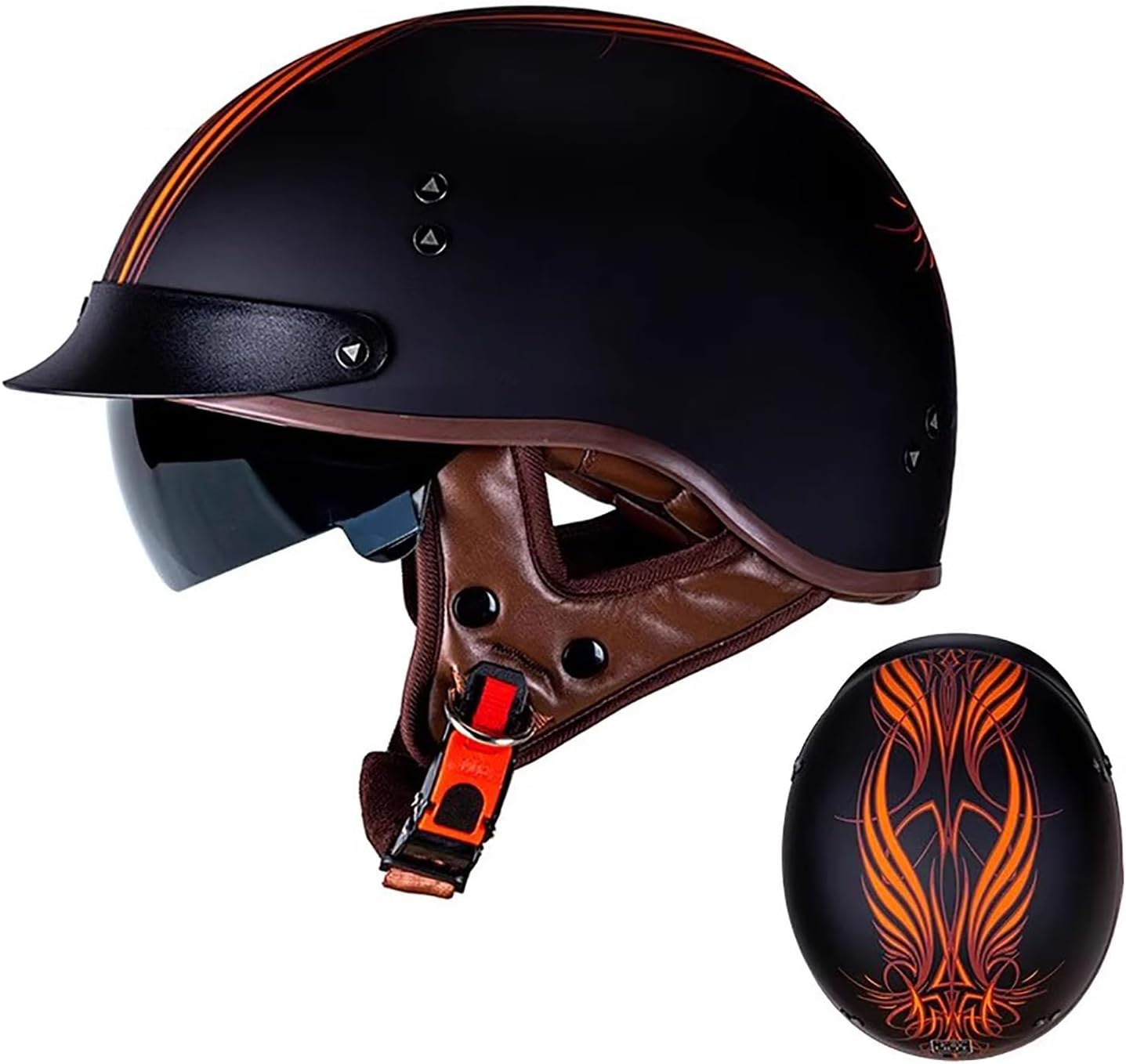 Vintage German Style Half Face Skull Cap Helmets Half Face Motorcycle Helmet Open-Face Motorbike Helmets with Drop-Down Sun Visor for Adult, Men and Women DOT/ECE Certified