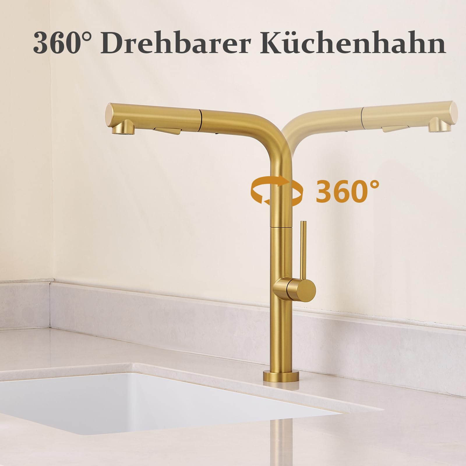 Wasserhahn Küche Gold, Küchenarmatur Ausziehbar Mischbatterie | Hochdruck Armatur Küche aus Edelstahl, 360°Schwenkbar Zwei Sprühfunktionen, Küchenarmatur mit Brause
