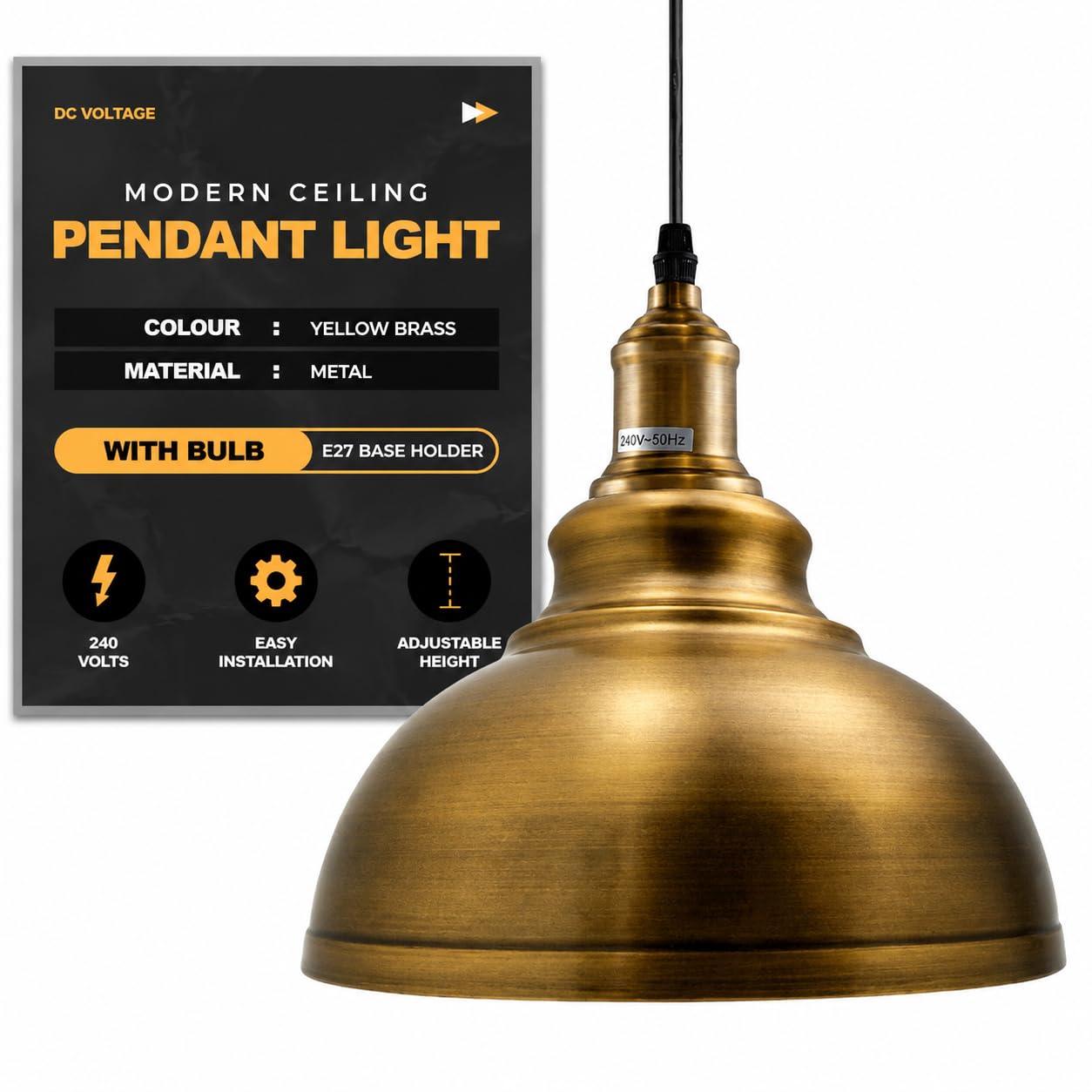 LEDSone Vintage Industrial Curvy Shape Ceiling Pendant Light with 95Cm Adjustable Wire for Kitchen Living Room and Dining Room (with Bulb, Yellow Brass)